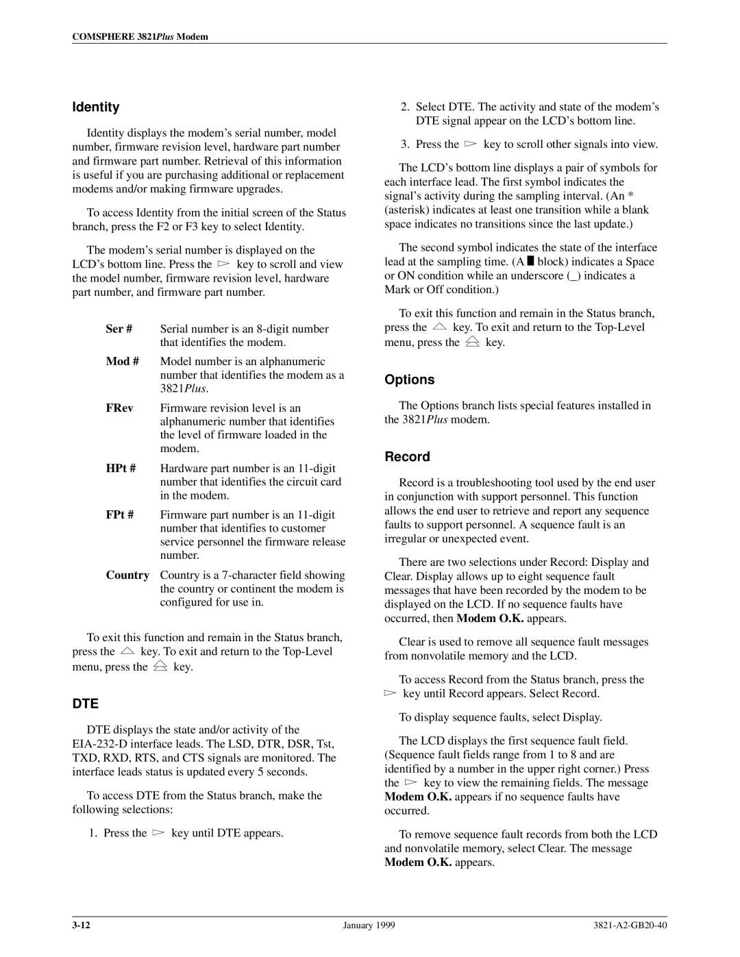 Paradyne 3821PLUS manual Identity, Options, Record 