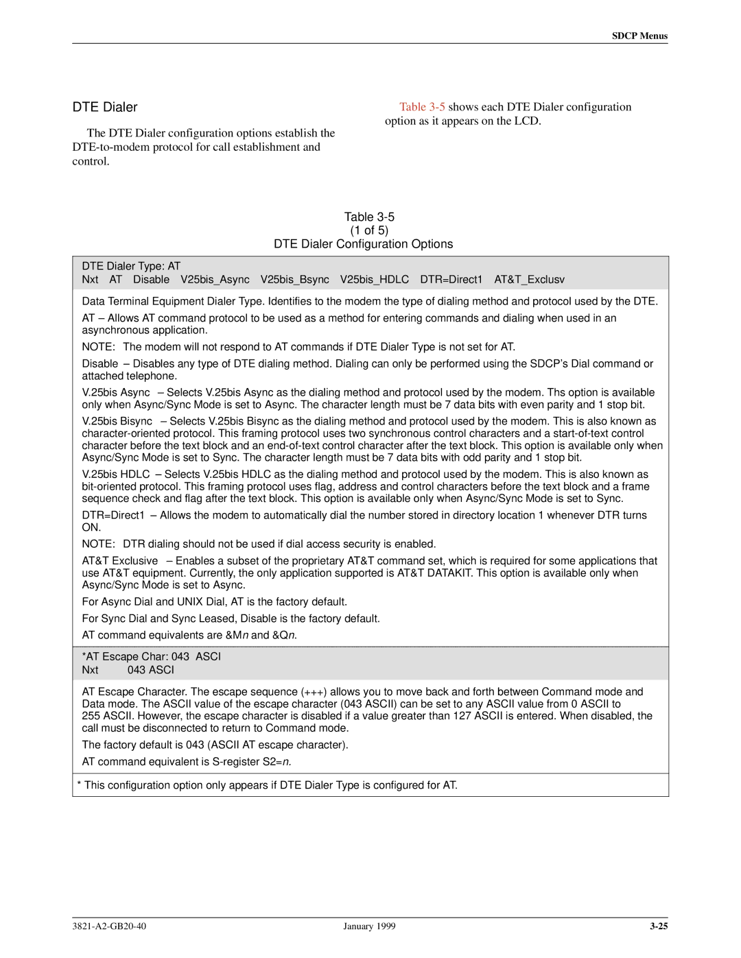 Paradyne 3821PLUS manual DTE Dialer Configuration Options, AT Escape Char 043 Asci Nxt 043 Asci 