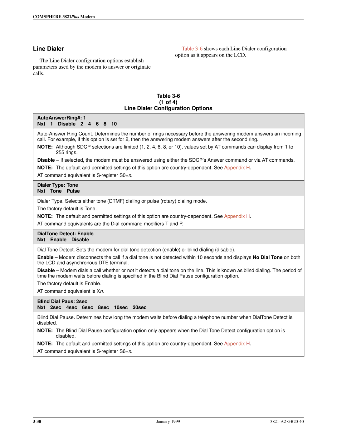 Paradyne 3821PLUS manual Line Dialer Configuration Options 