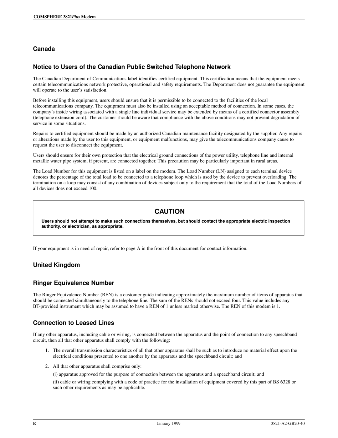 Paradyne 3821PLUS manual Canada, United Kingdom Ringer Equivalence Number, Connection to Leased Lines 