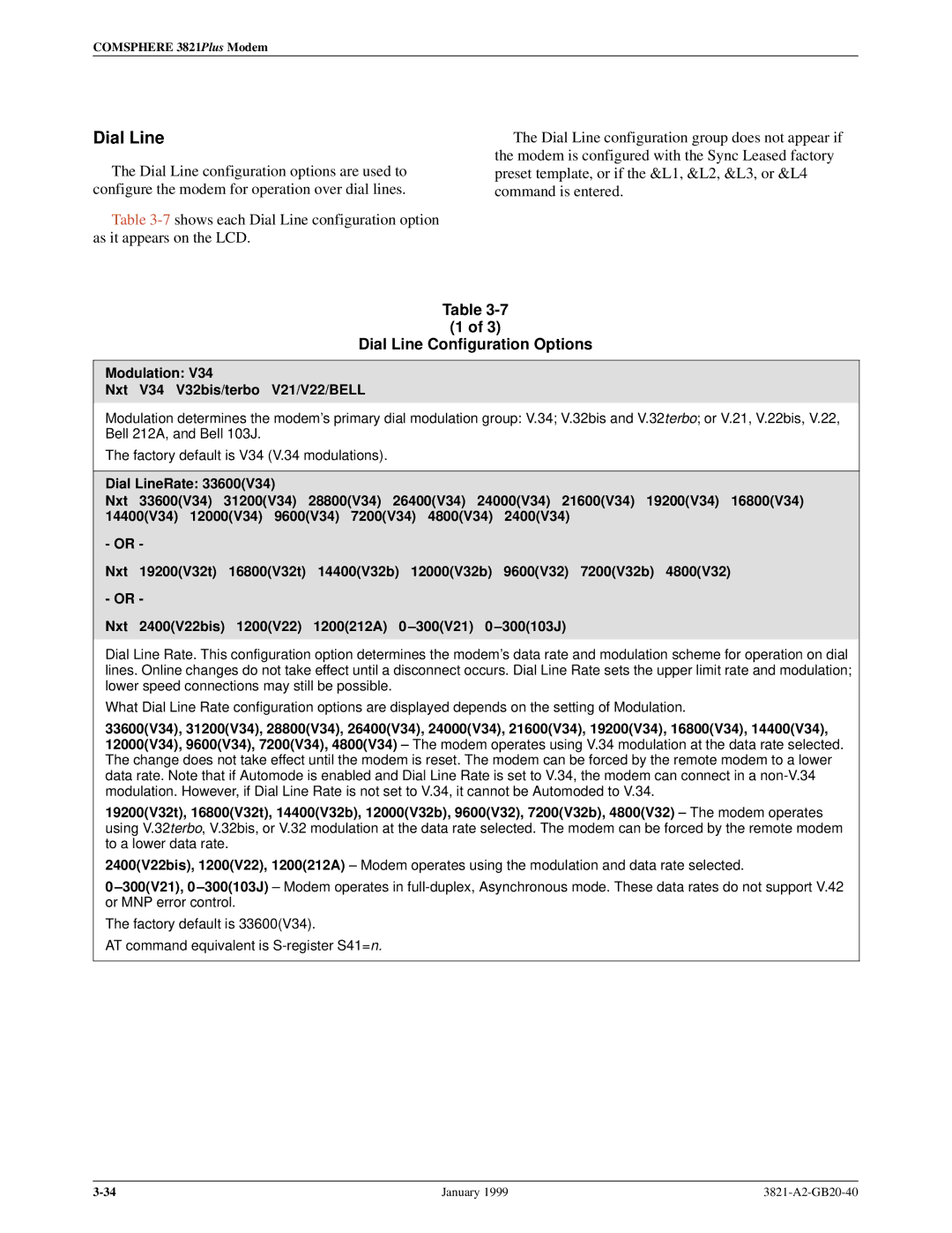 Paradyne 3821PLUS manual Dial Line Configuration Options, Modulation Nxt V34 V32bis/terbo V21/V22/BELL 