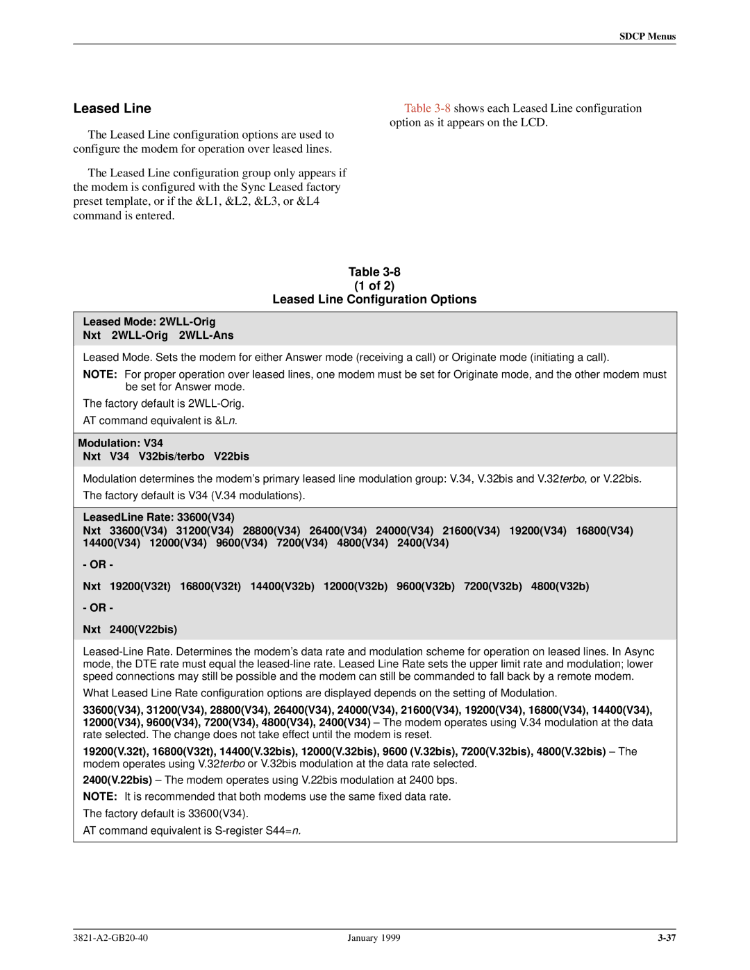 Paradyne 3821PLUS manual Leased Line Configuration Options, Leased Mode 2WLL-Orig Nxt 2WLL-Orig 2WLL-Ans 