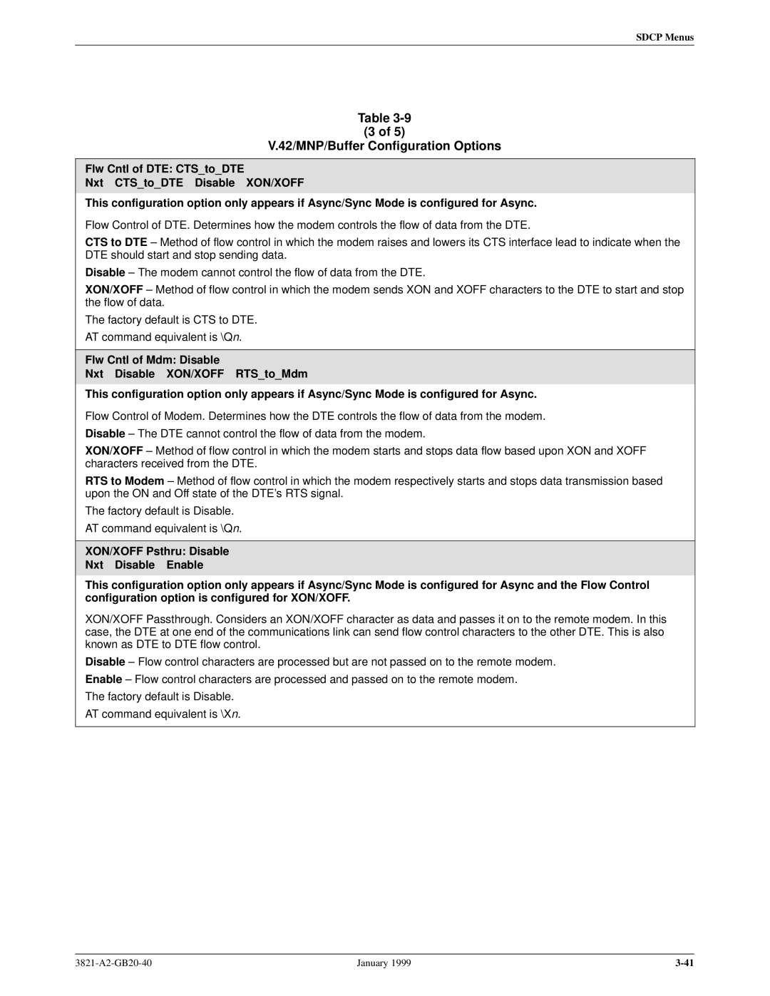 Paradyne 3821PLUS manual 42/MNP/Buffer Configuration Options 