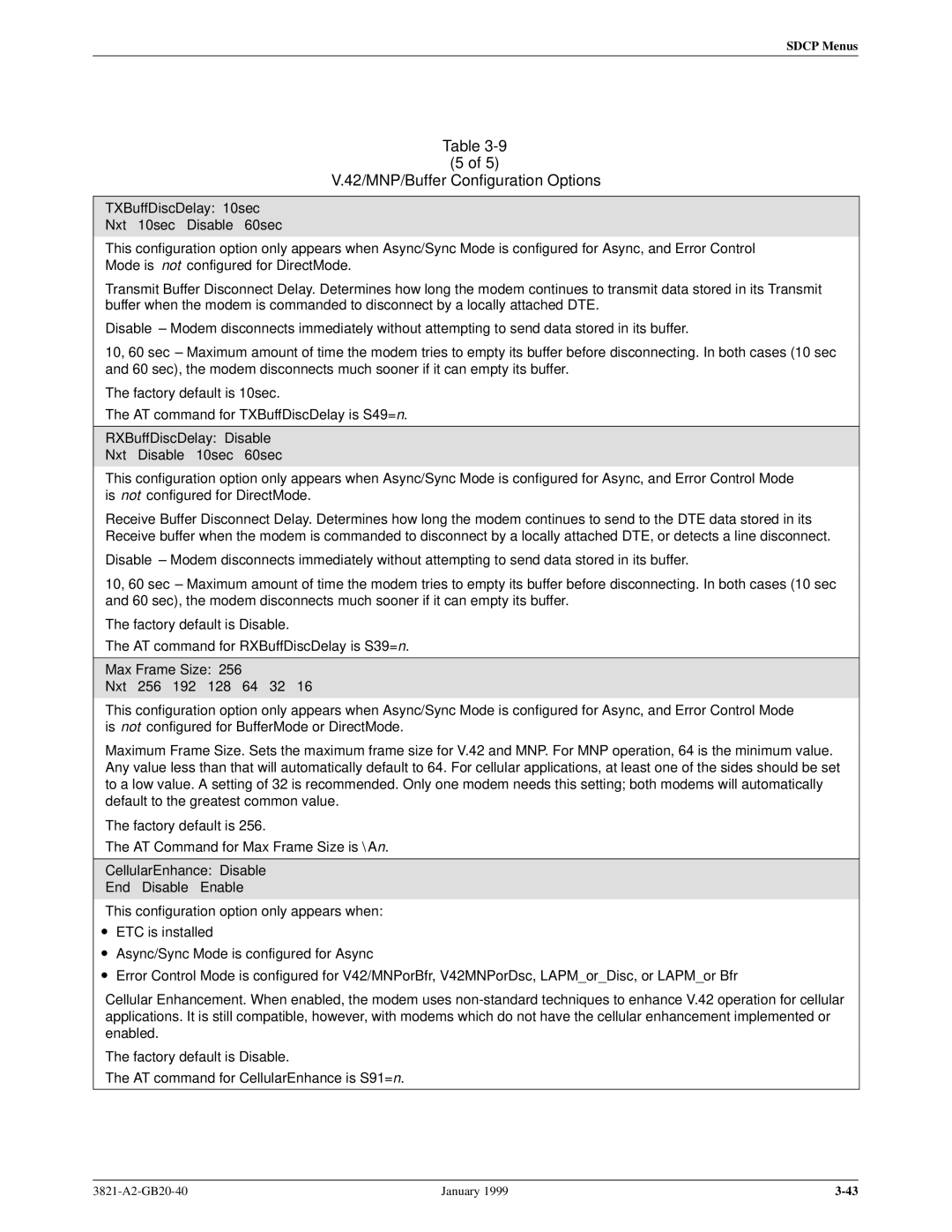 Paradyne 3821PLUS manual 42/MNP/Buffer Configuration Options 