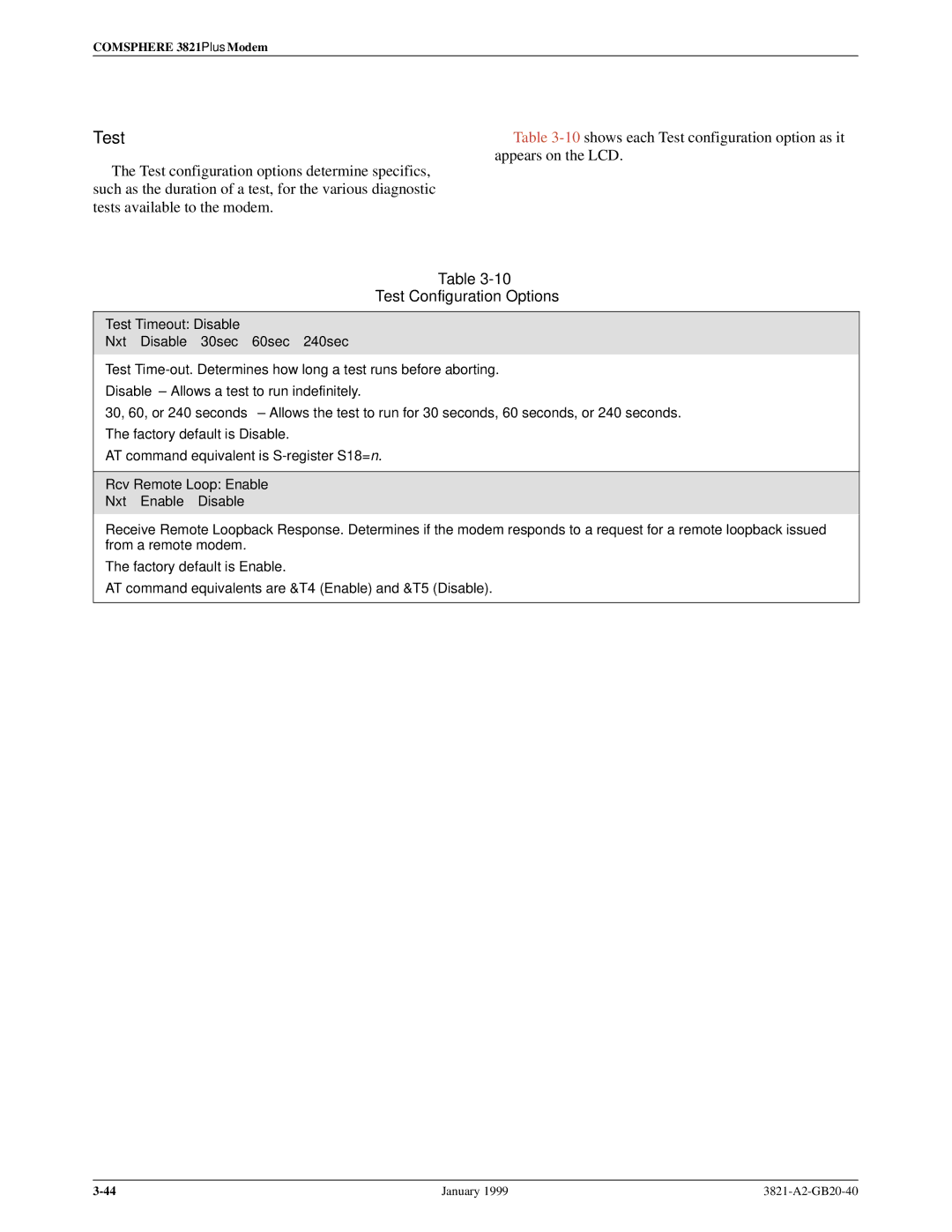 Paradyne 3821PLUS manual Test Configuration Options, Test Timeout Disable Nxt Disable 30sec 60sec 240sec 