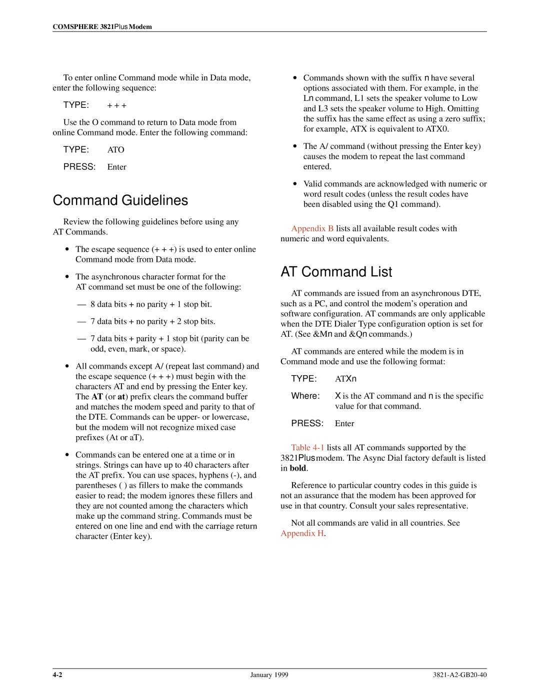 Paradyne 3821PLUS manual Command Guidelines, AT Command List 