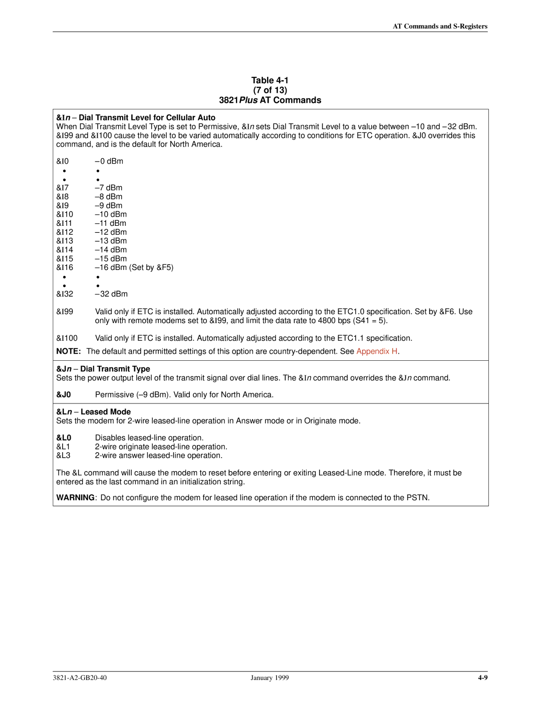 Paradyne 3821PLUS manual ± Dial Transmit Level for Cellular Auto, Jn ± Dial Transmit Type, Ln ± Leased Mode 