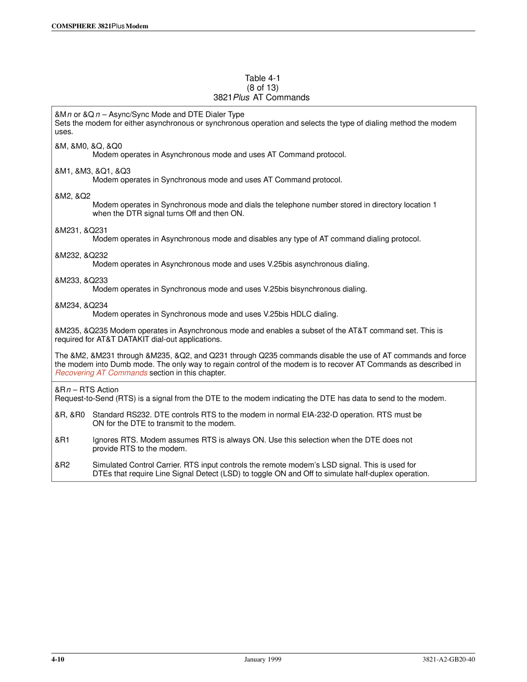 Paradyne 3821PLUS manual Mn or &Qn ± Async/Sync Mode and DTE Dialer Type, M0, &Q, &Q0, Rn ± RTS Action 