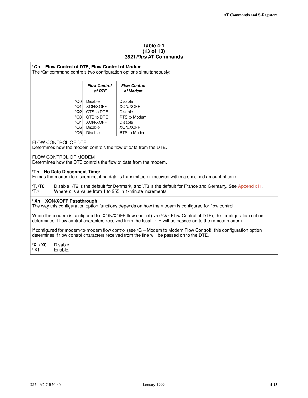 Paradyne 3821PLUS manual Tn ± No Data Disconnect Timer, Xn ± XON/XOFF Passthrough 