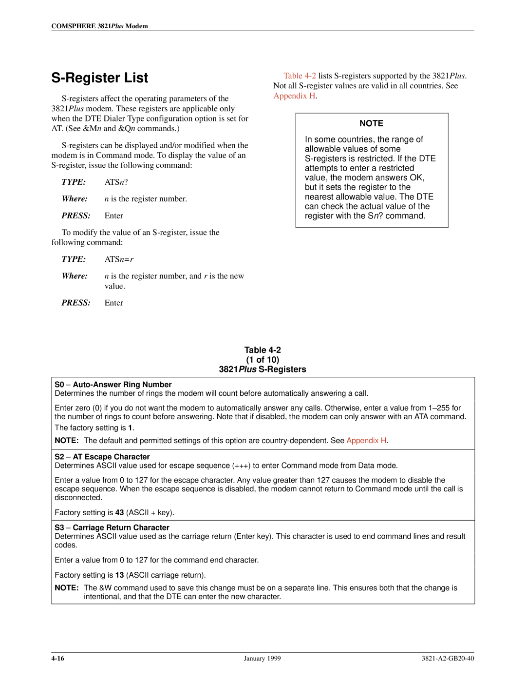 Paradyne 3821PLUS manual Register List, 3821Plus S-Registers, S0 ± Auto-Answer Ring Number, S2 ± AT Escape Character 