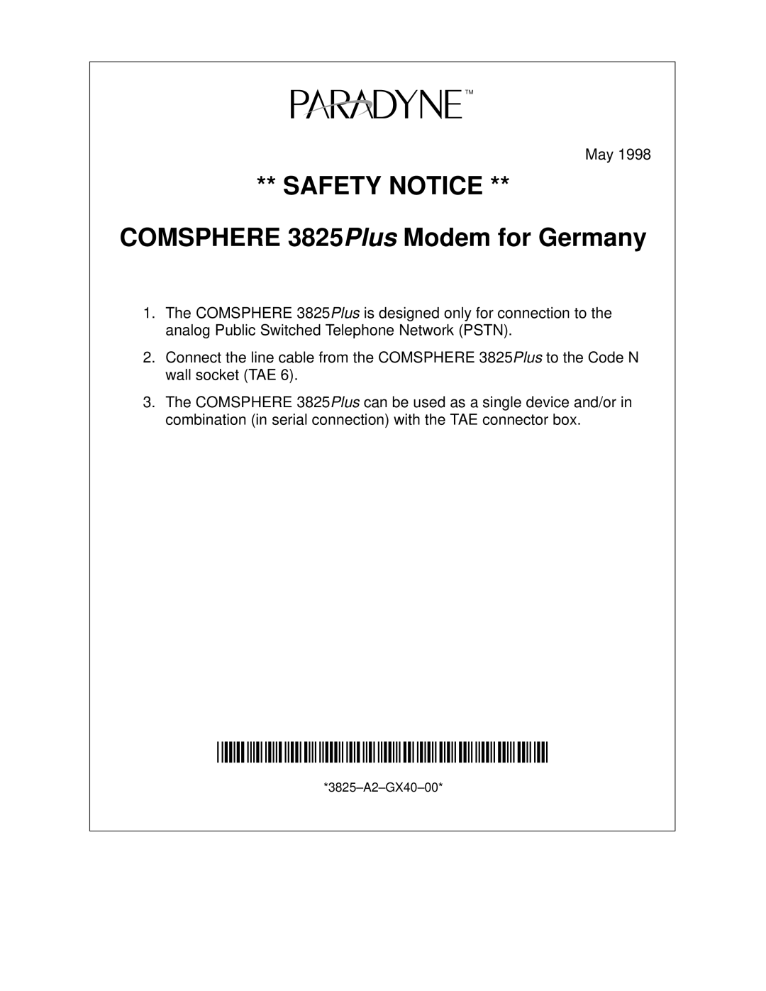 Paradyne 3825-A2-GX40-00 manual Safety Notice, Comsphere 3825Plus Modem for Germany 