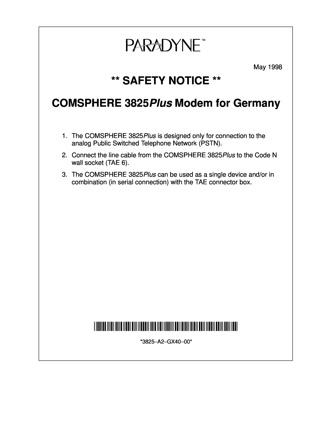 Paradyne 3825-A2-GX40-00 manual SAFETY NOTICE COMSPHERE 3825Plus Modem for Germany 