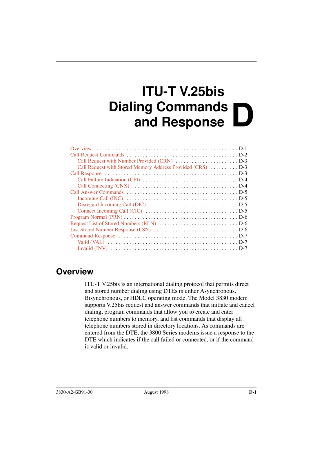 Paradyne 3830 manual ITU-T V.25bis Dialing Commands Response D, Overview 