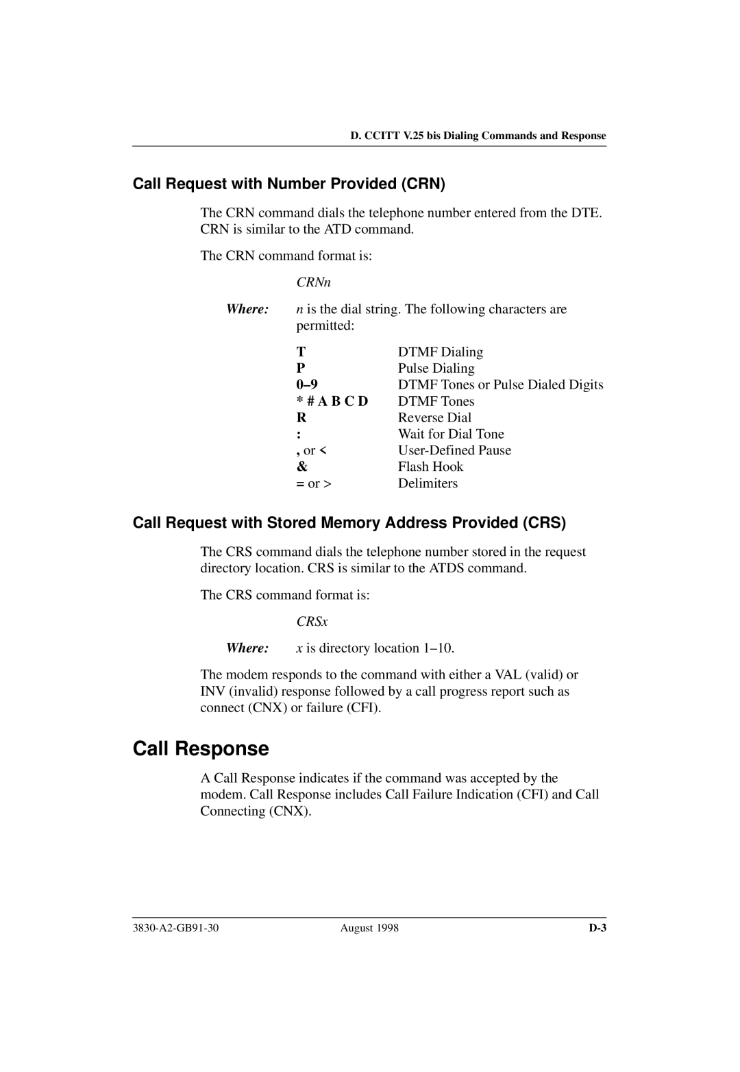 Paradyne 3830 Call Response, Call Request with Number Provided CRN, Call Request with Stored Memory Address Provided CRS 