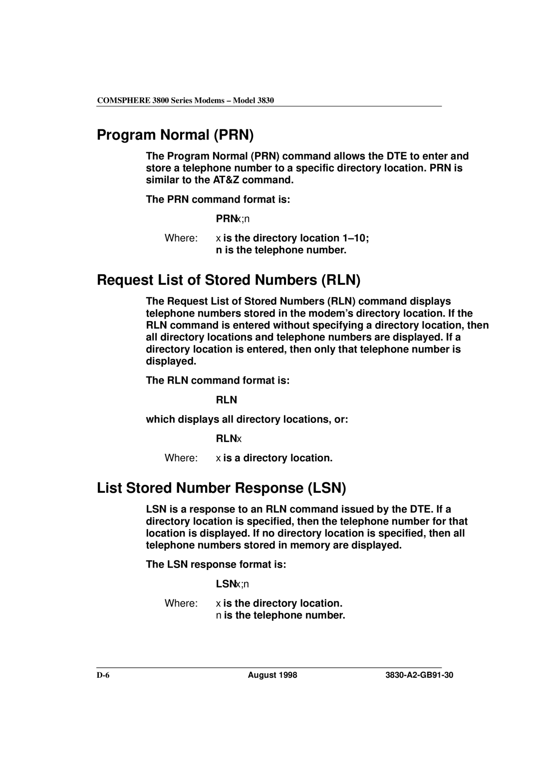 Paradyne 3830 manual Program Normal PRN, Request List of Stored Numbers RLN, List Stored Number Response LSN 