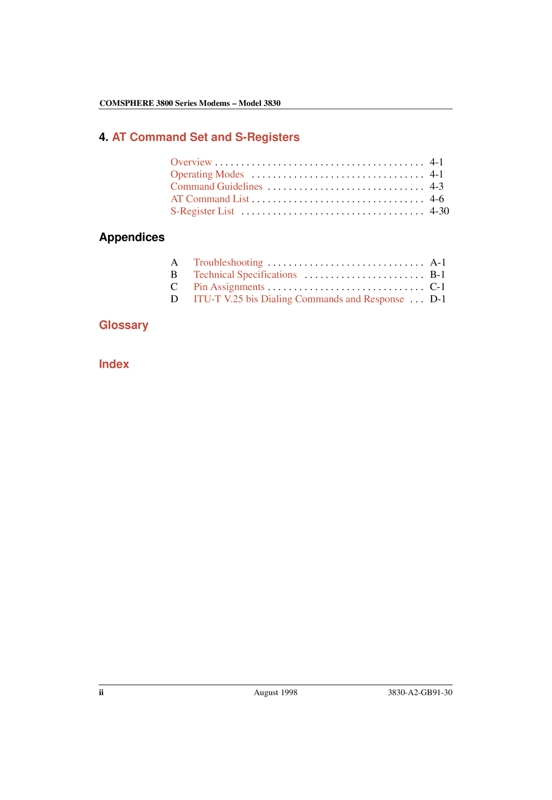 Paradyne 3830 manual AT Command Set and S-Registers, Appendices 