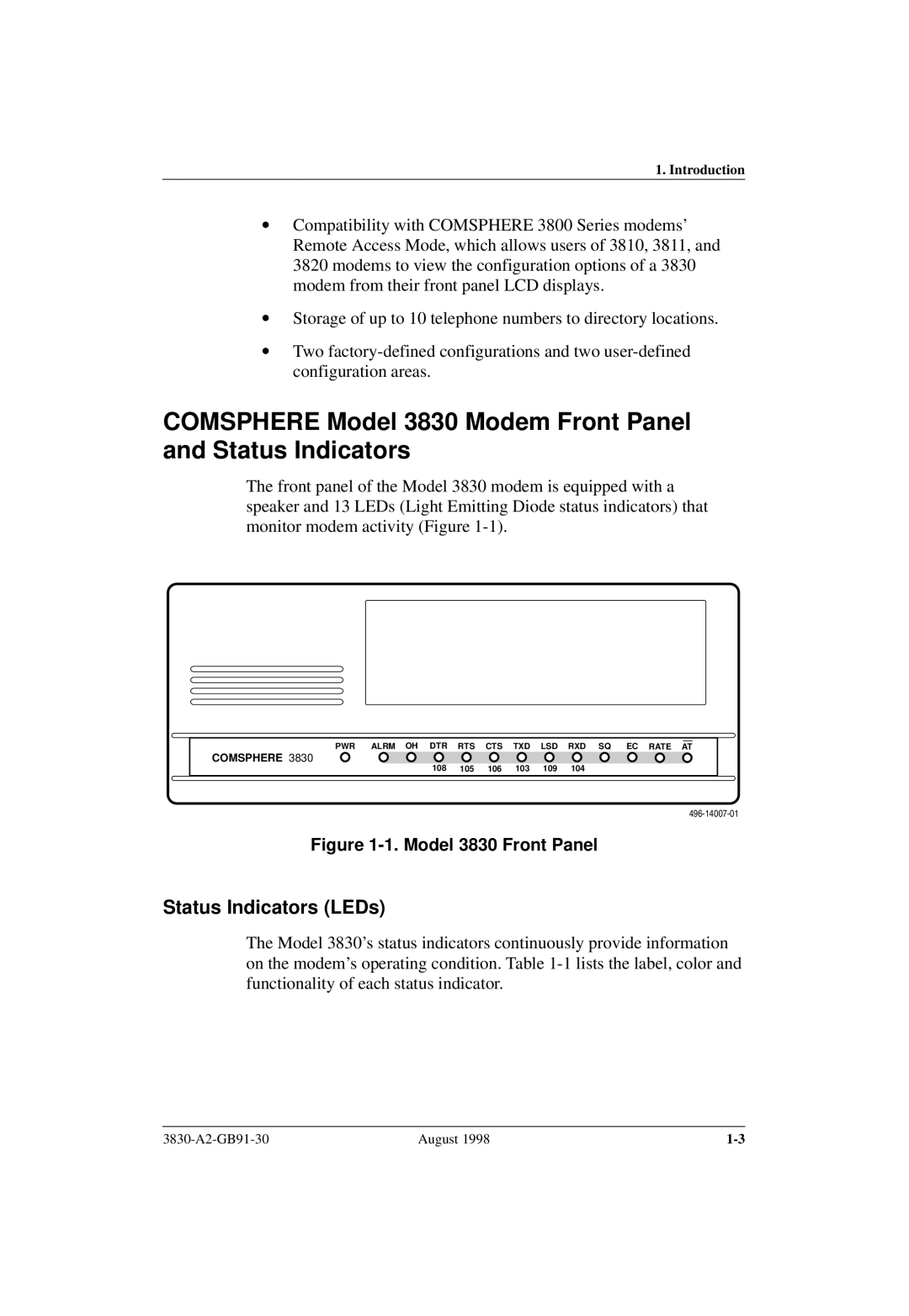 Paradyne manual Status Indicators LEDs, Model 3830 Front Panel 