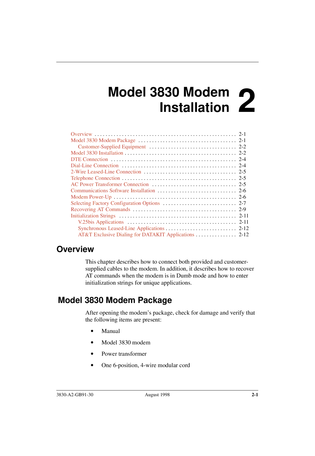 Paradyne manual Model 3830 Modem Installation, Model 3830 Modem Package 