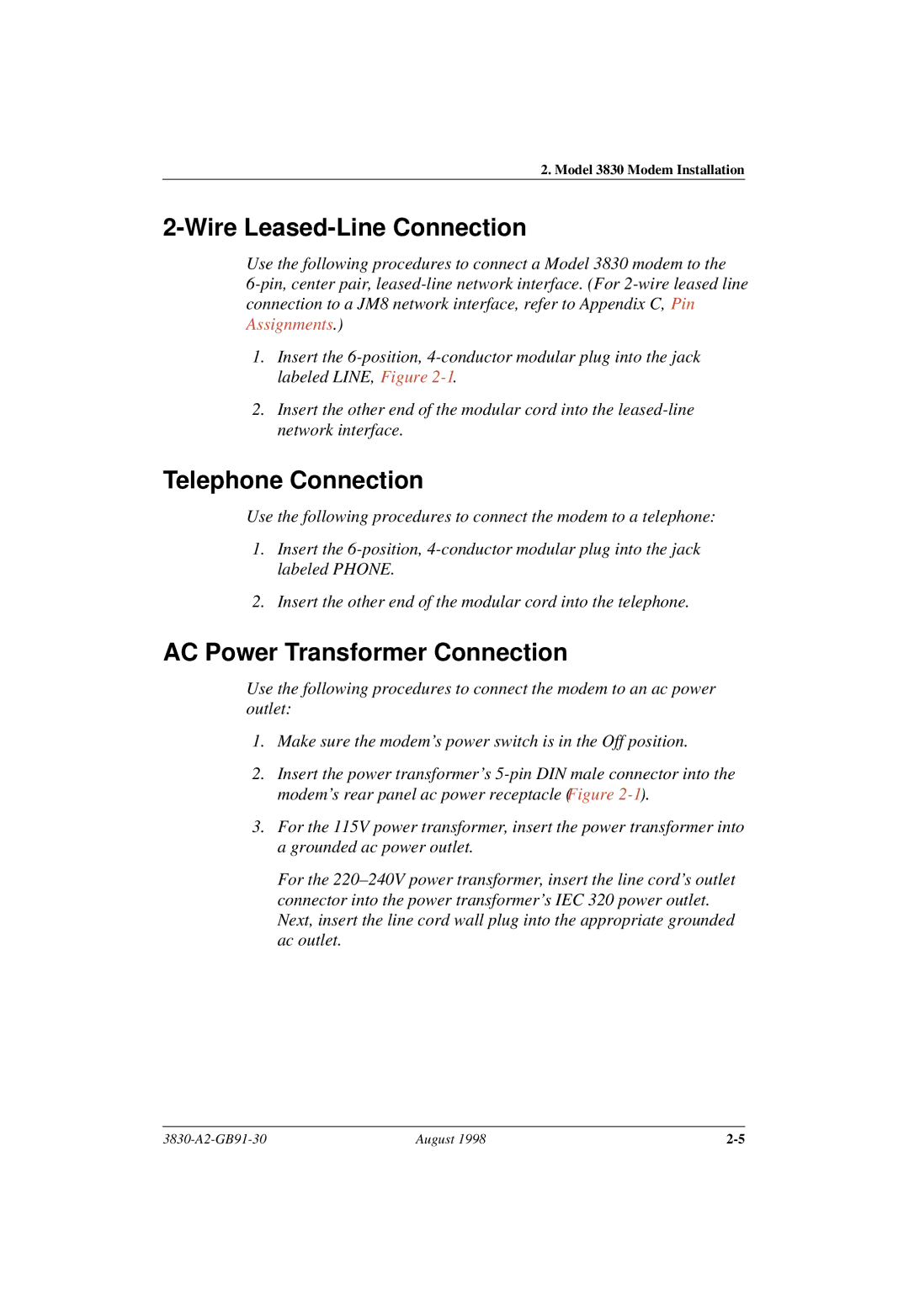 Paradyne 3830 manual Wire Leased-Line Connection, Telephone Connection, AC Power Transformer Connection 