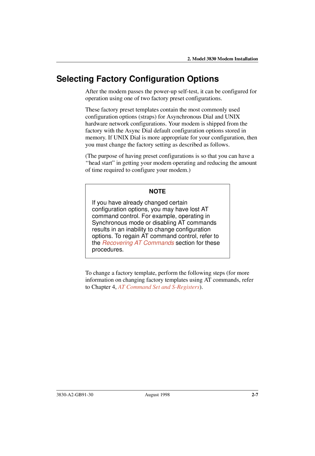 Paradyne 3830 manual Selecting Factory Configuration Options 