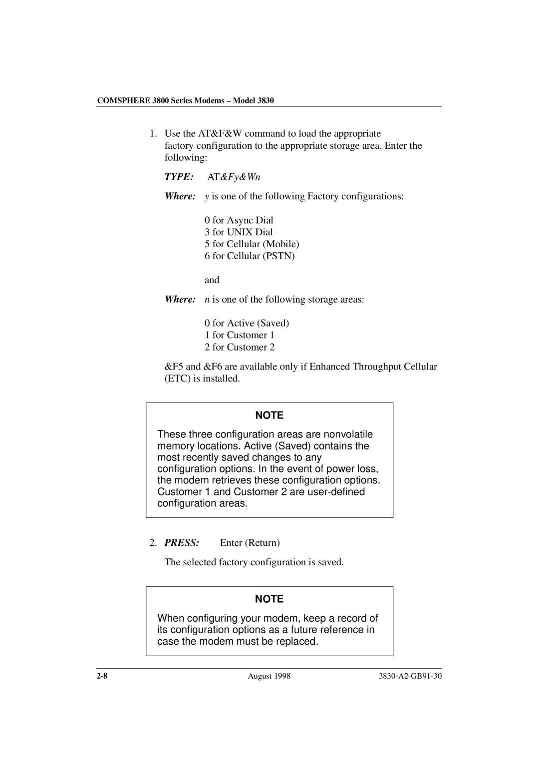 Paradyne 3830 manual Type AT&Fy&Wn 