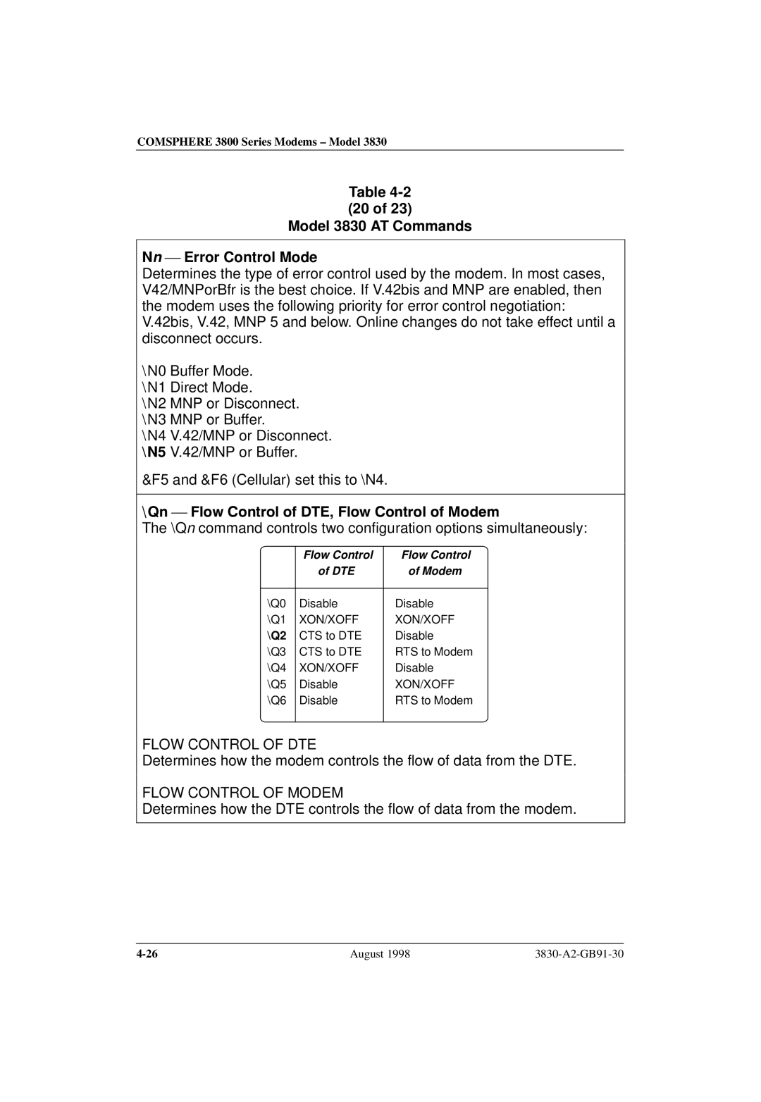 Paradyne manual Model 3830 AT Commands Nn  Error Control Mode, Q2 