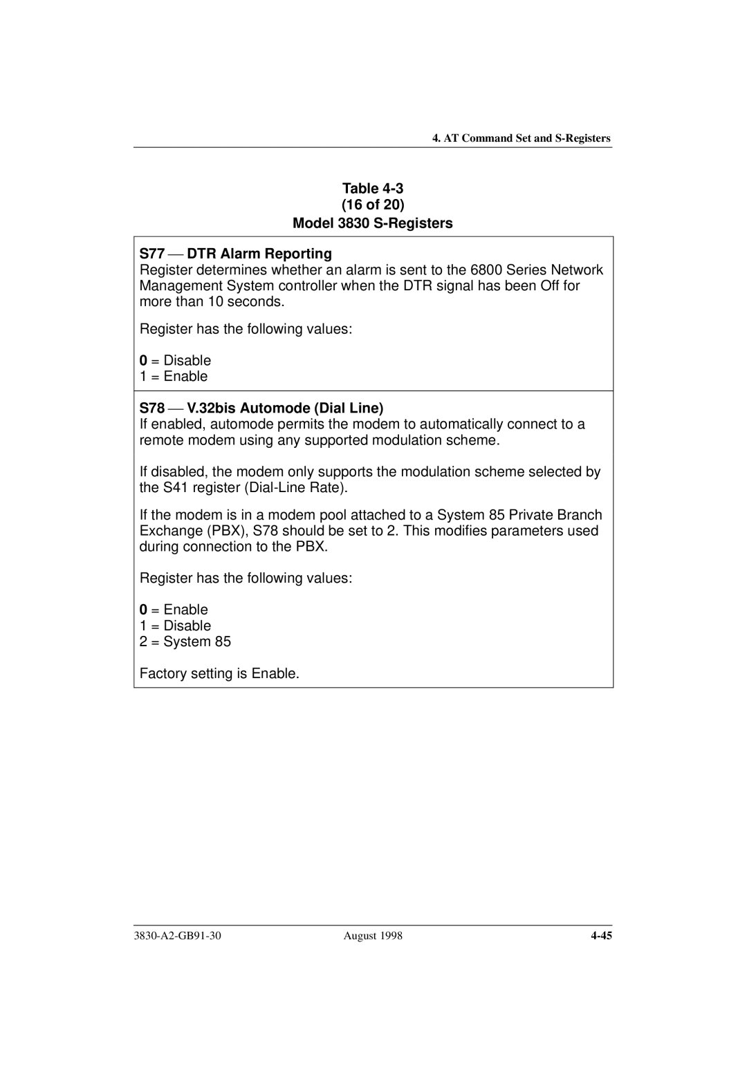 Paradyne manual Model 3830 S-Registers S77  DTR Alarm Reporting, S78  V.32bis Automode Dial Line 