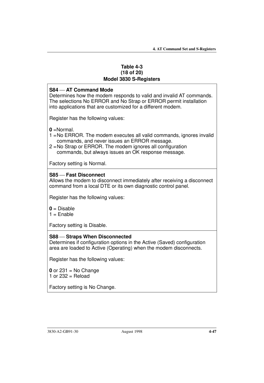 Paradyne manual Model 3830 S-Registers S84  AT Command Mode, S85  Fast Disconnect, S88  Straps When Disconnected 