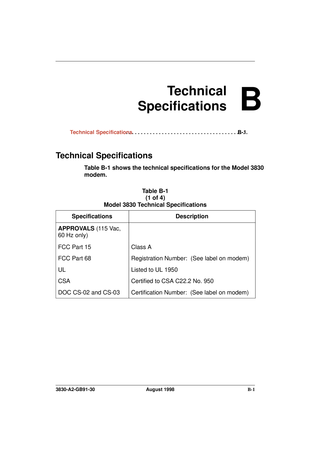 Paradyne 3830 manual Technical Specifications B 