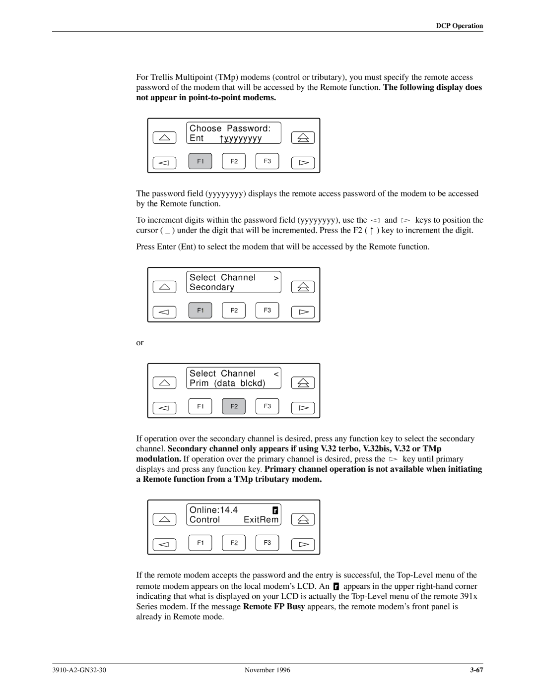 Paradyne 3910 operation manual Select Channel Secondary Prim Data blckd, Online14.4 Control ExitRem 