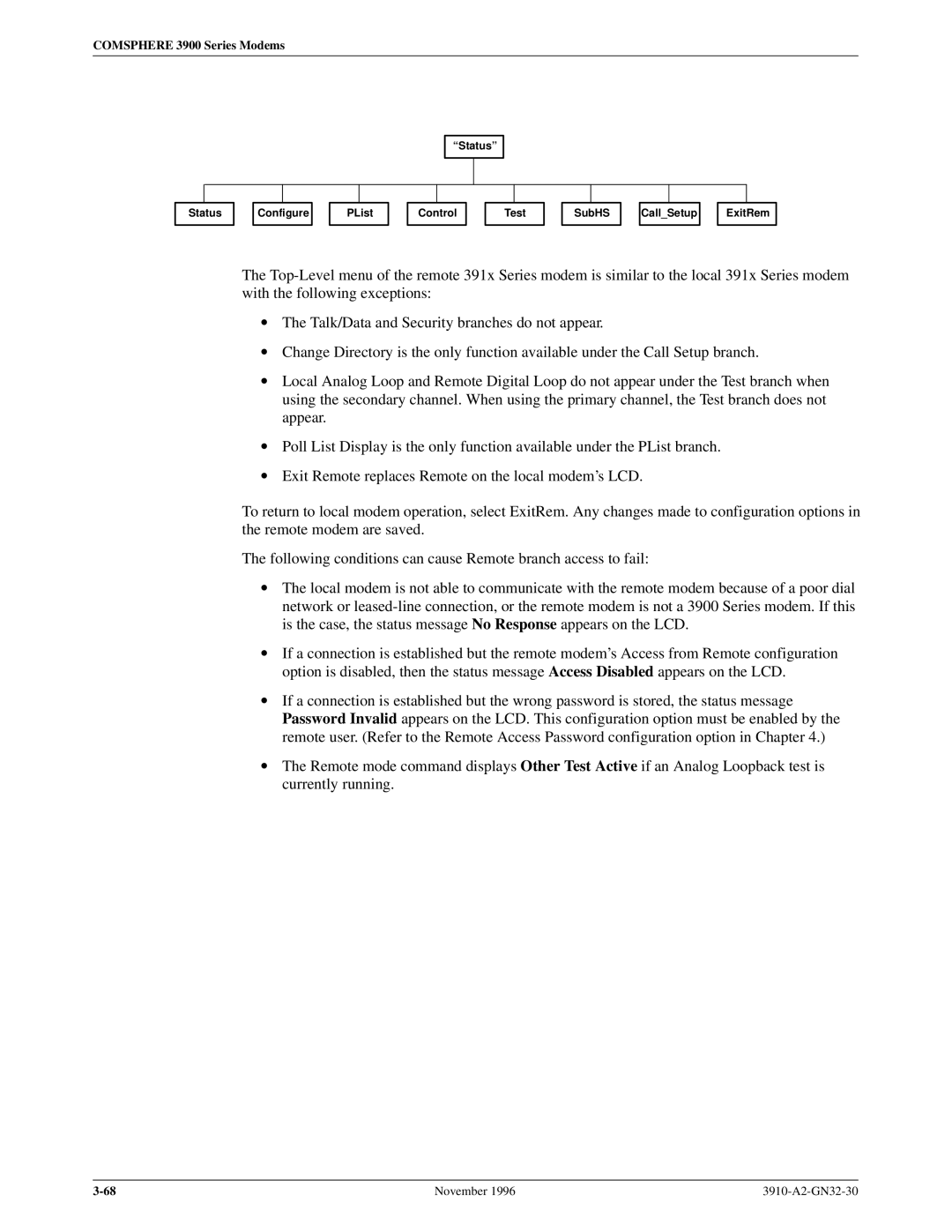 Paradyne 3910 operation manual Status ªStatusº 