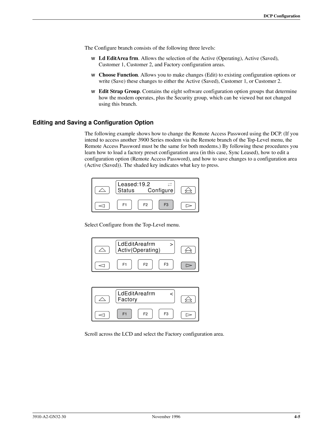 Paradyne 3910 Editing and Saving a Configuration Option, LdEditAreafrm ActivOperating, LdEditAreafrm Factory 