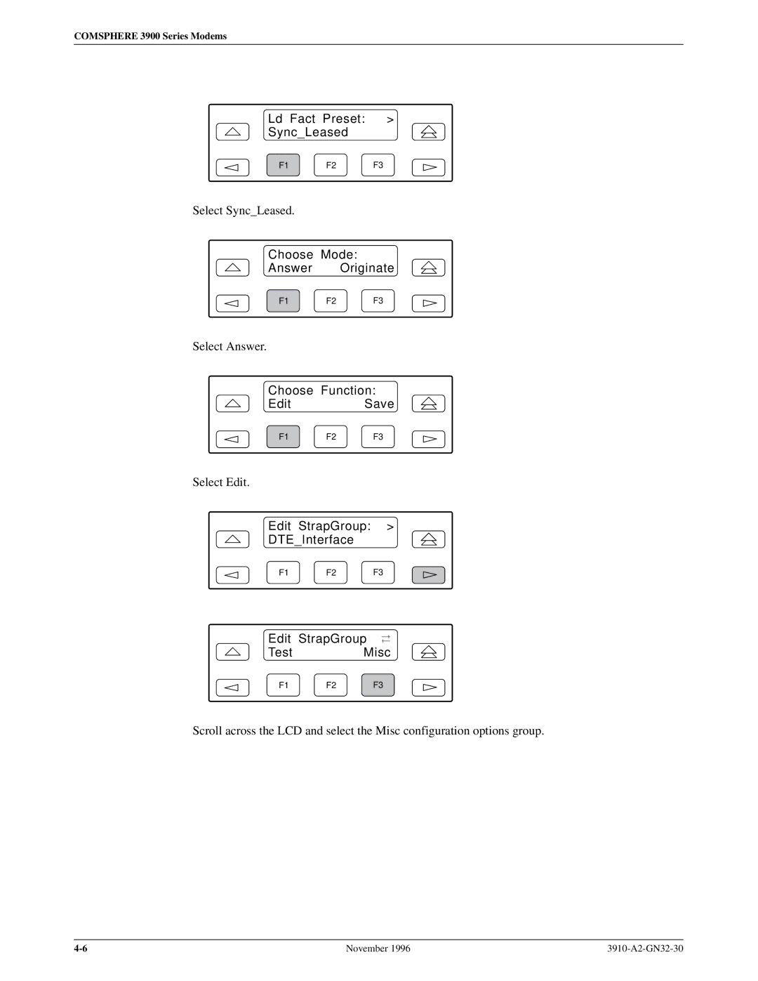 Paradyne 3910 Ld Fact Preset SyncLeased, Choose Mode Answer Originate, Choose Function EditSave, Edit StrapGroup TestMisc 