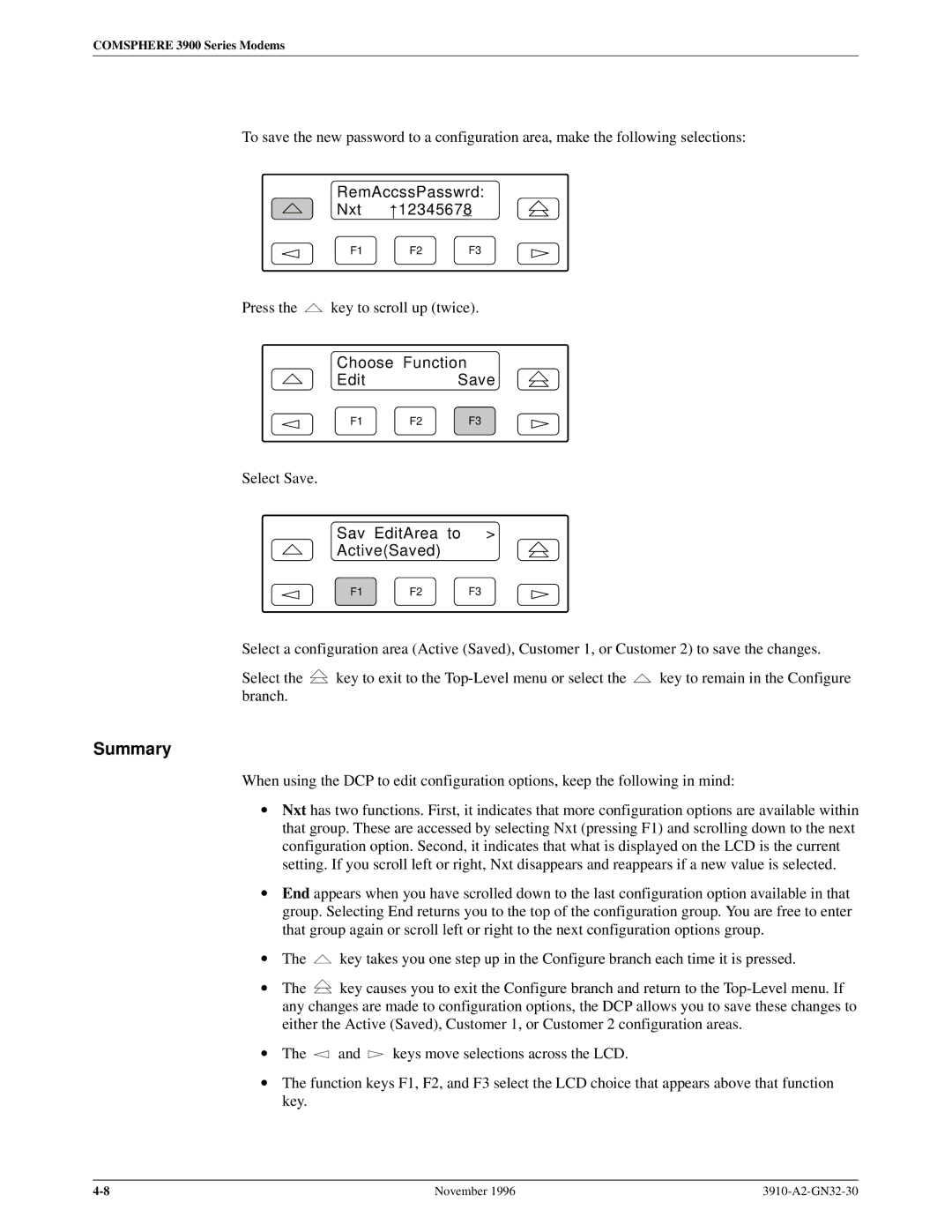 Paradyne 3910 operation manual Summary, Choose Function Edit Save, Sav EditArea to ActiveSaved 