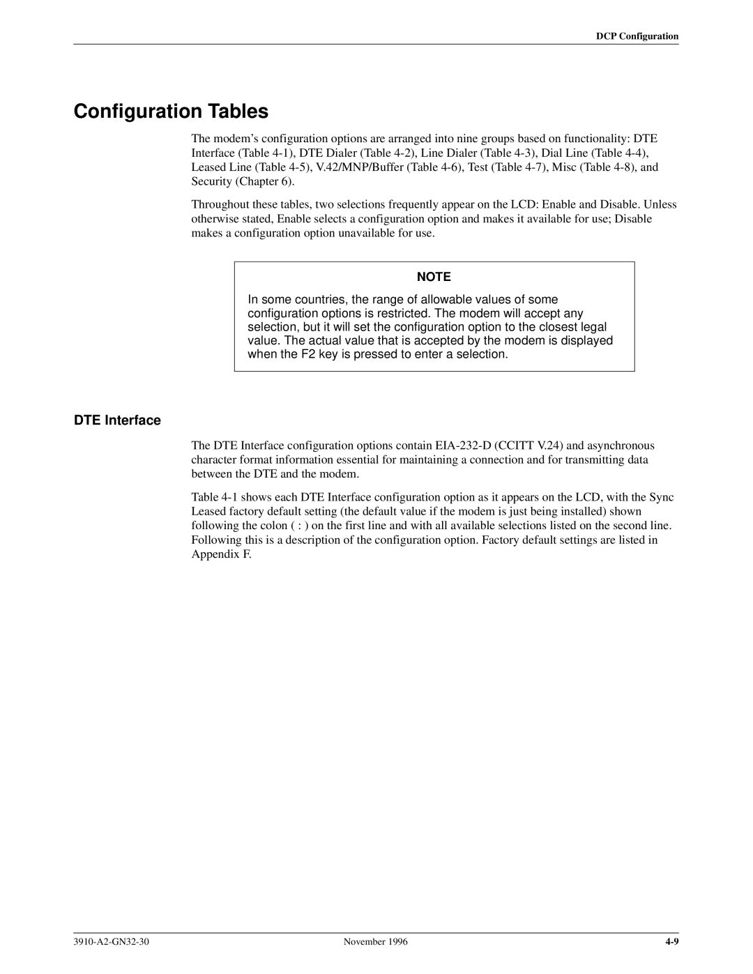 Paradyne 3910 operation manual Configuration Tables, DTE Interface 