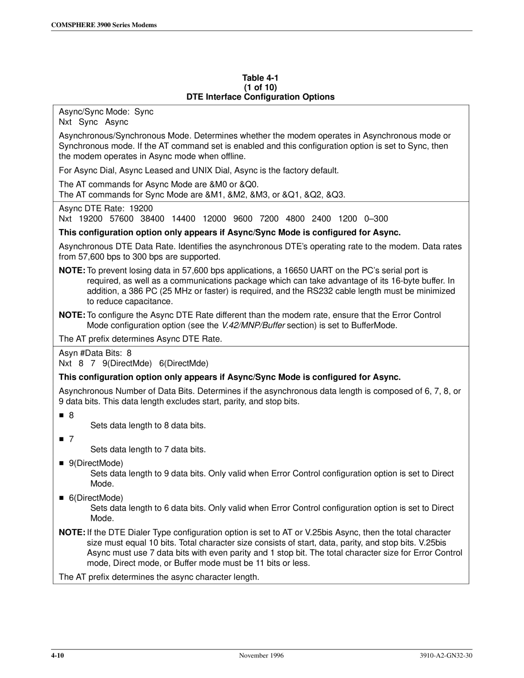 Paradyne 3910 operation manual DTE Interface Configuration Options 