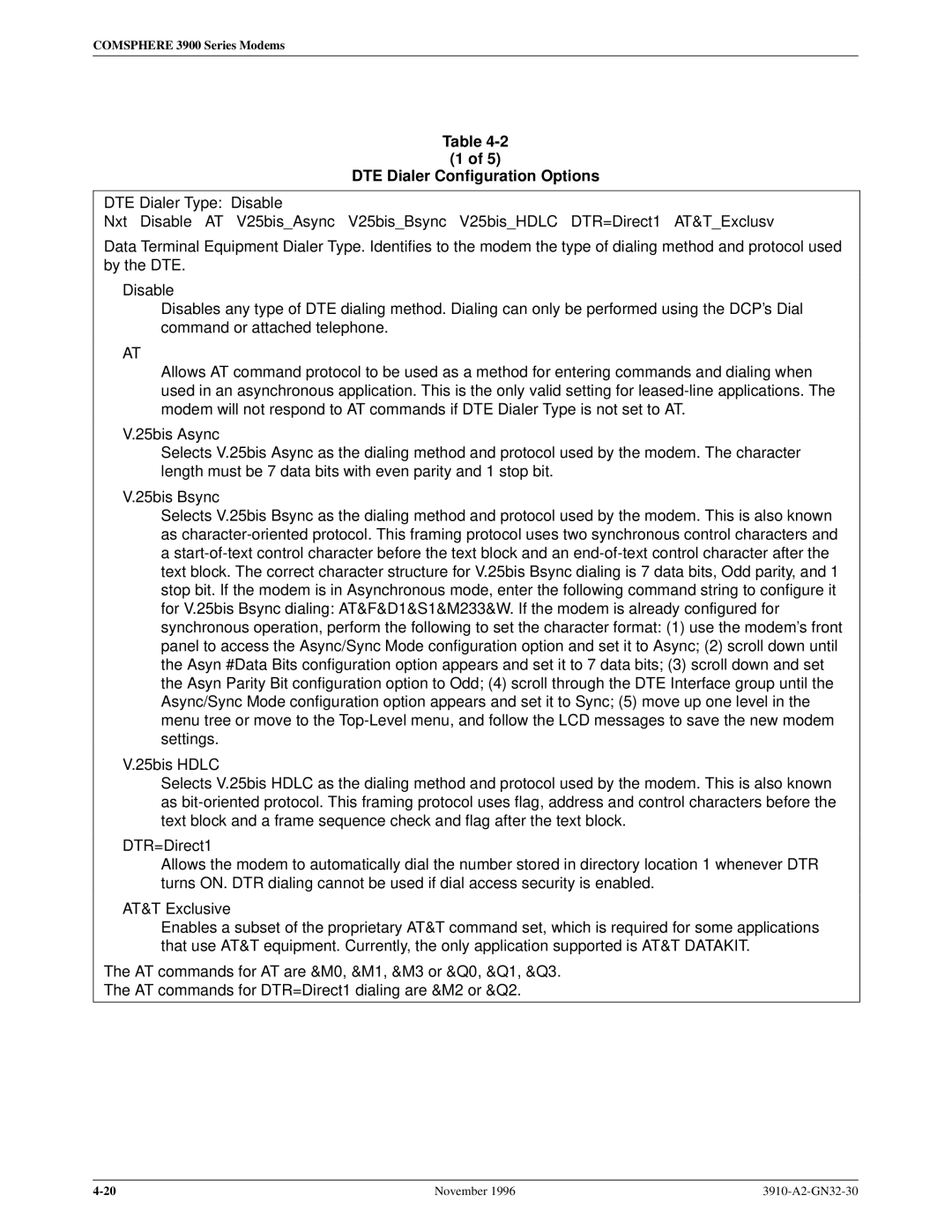 Paradyne 3910 operation manual DTE Dialer Configuration Options 