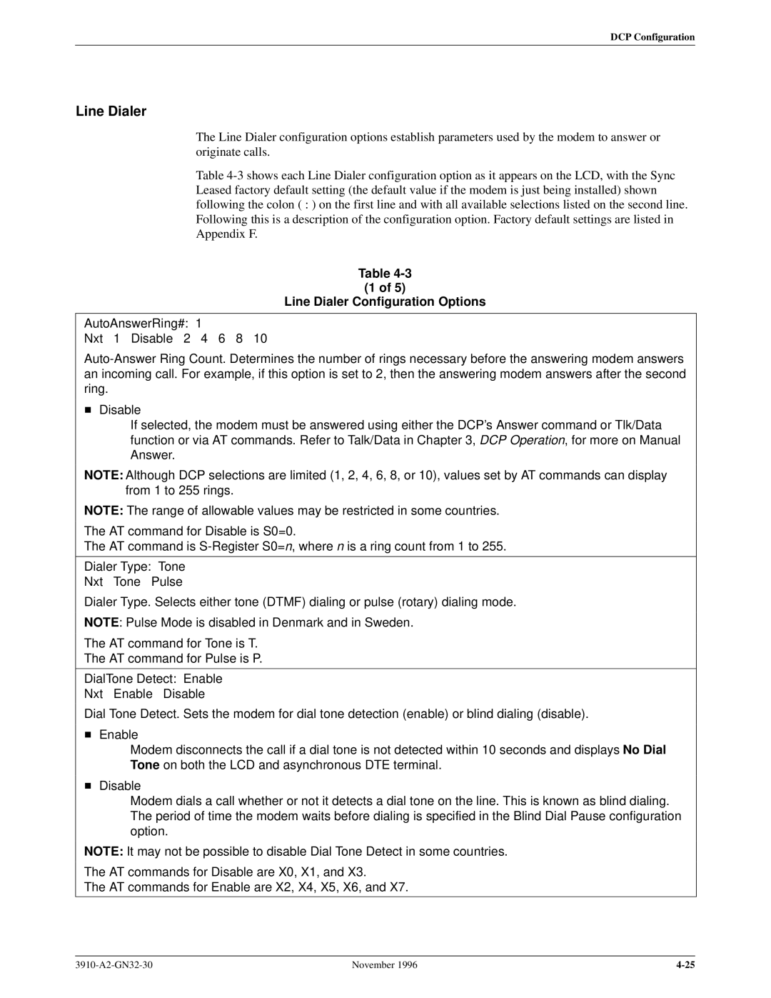 Paradyne 3910 operation manual Line Dialer Configuration Options 