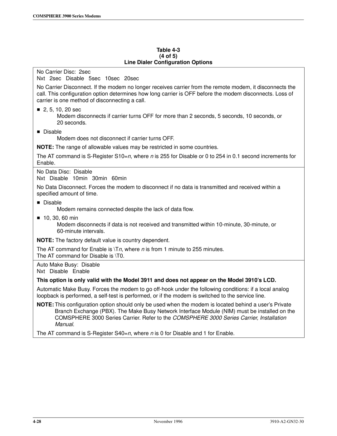 Paradyne 3910 operation manual Line Dialer Configuration Options 