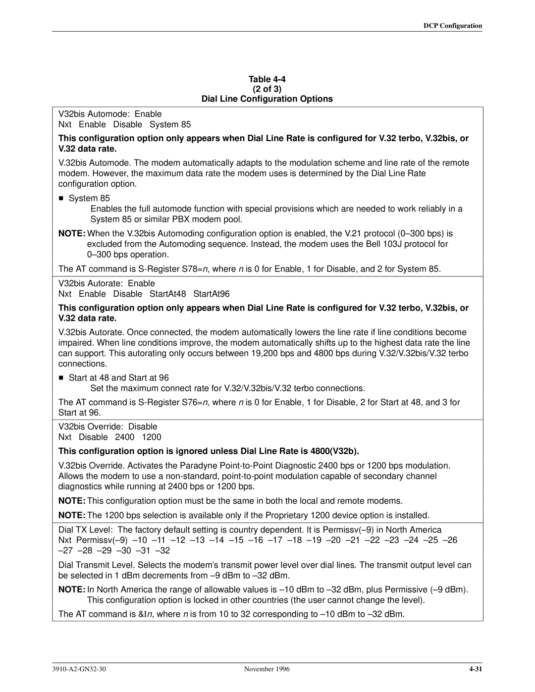 Paradyne 3910 operation manual V32bis Automode Enable Nxt Enable Disable System 