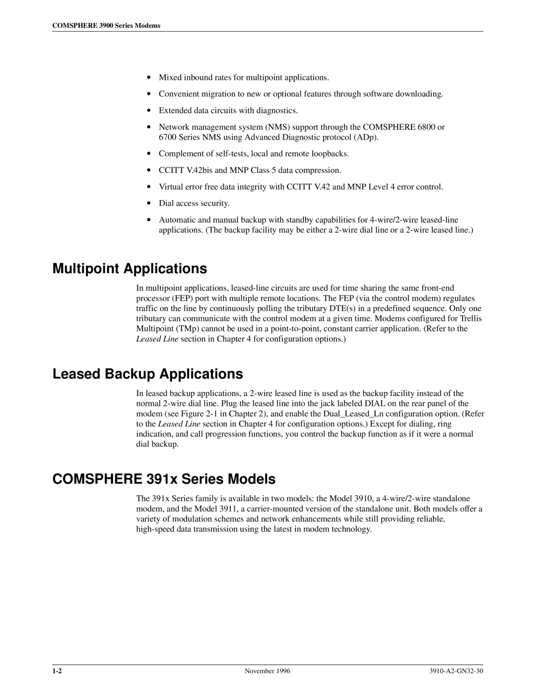 Paradyne 3910 operation manual Multipoint Applications, Leased Backup Applications, Comsphere 391x Series Models 