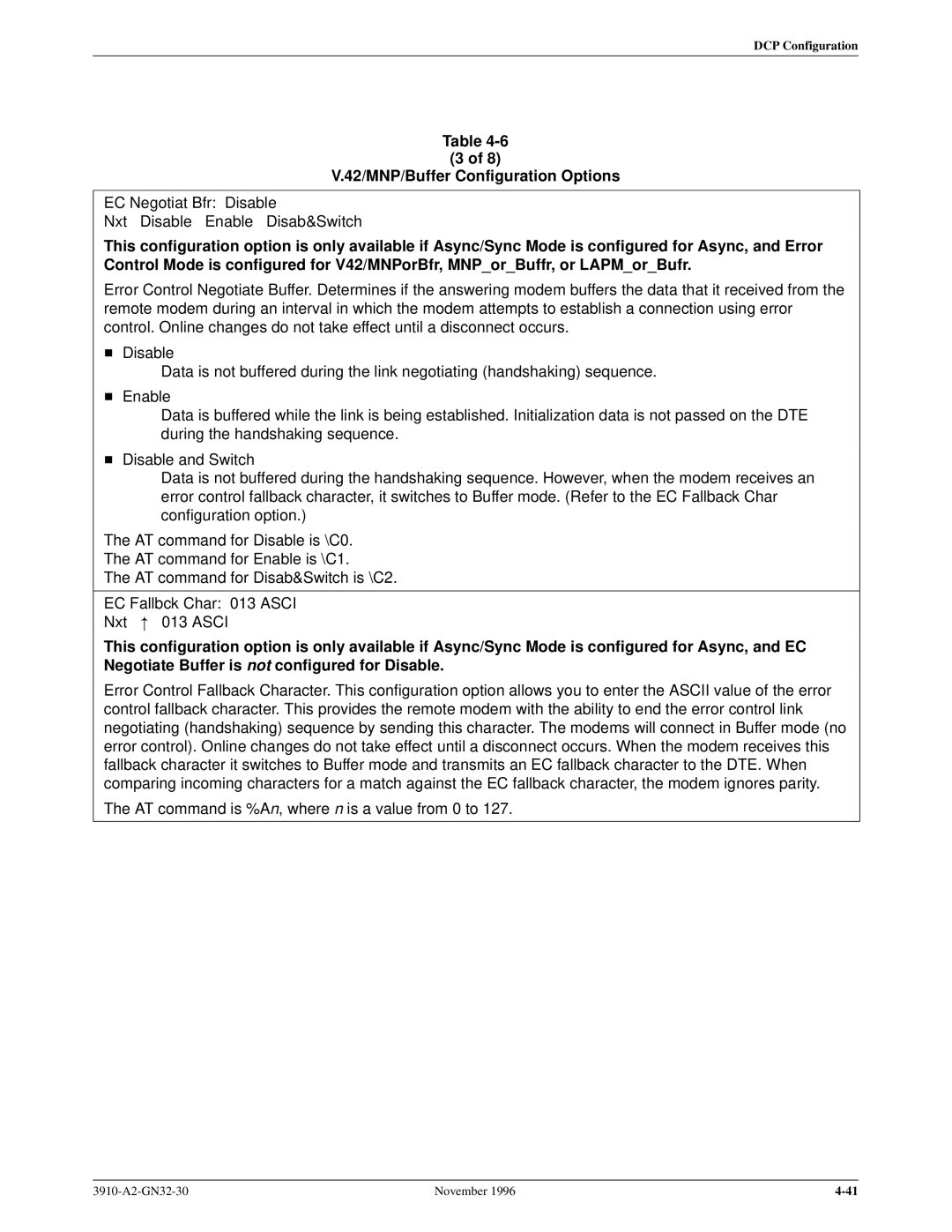 Paradyne 3910 operation manual EC Negotiat Bfr Disable Nxt Disable Enable Disab&Switch 