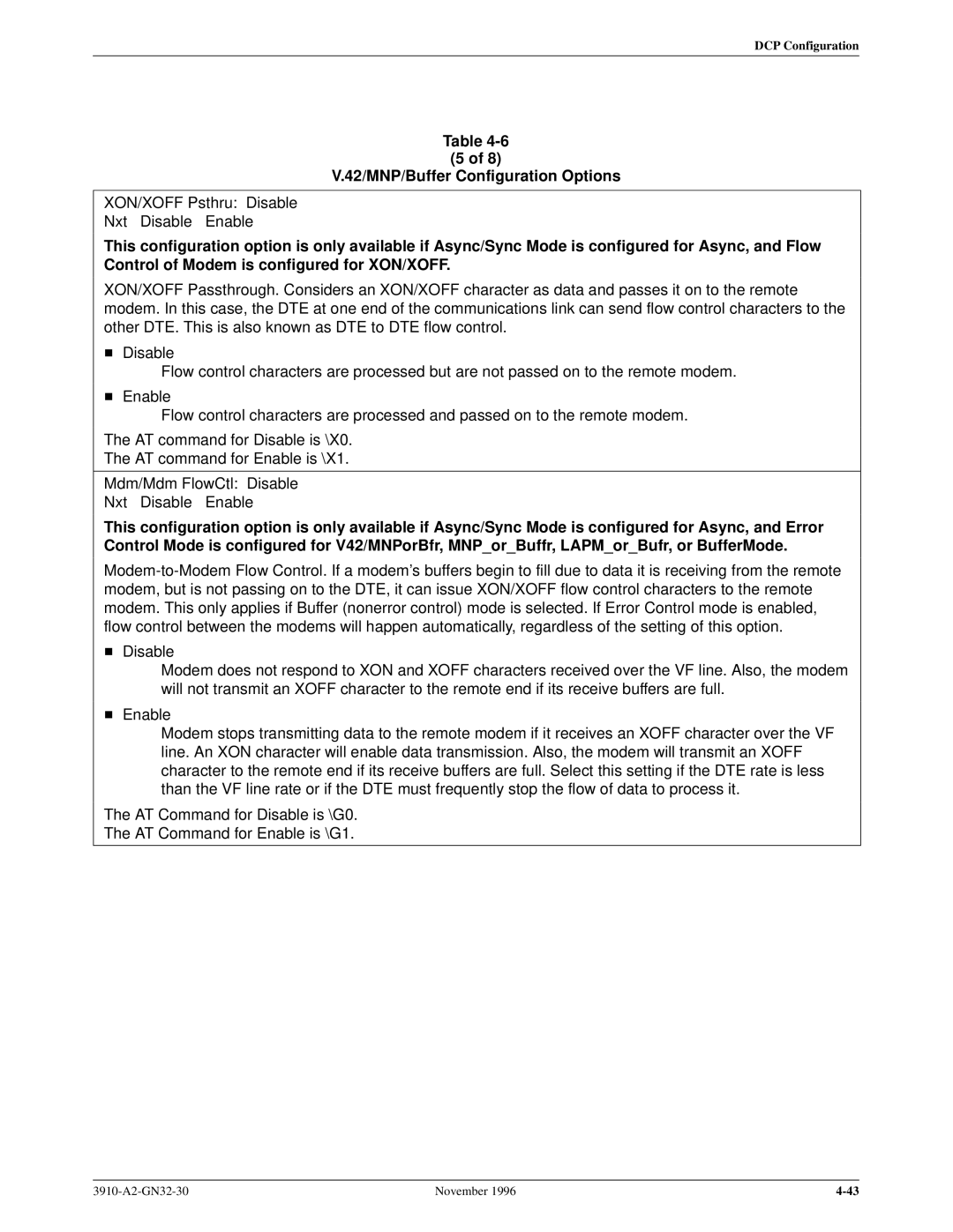 Paradyne 3910 operation manual XON/XOFF Psthru Disable Nxt Disable Enable 