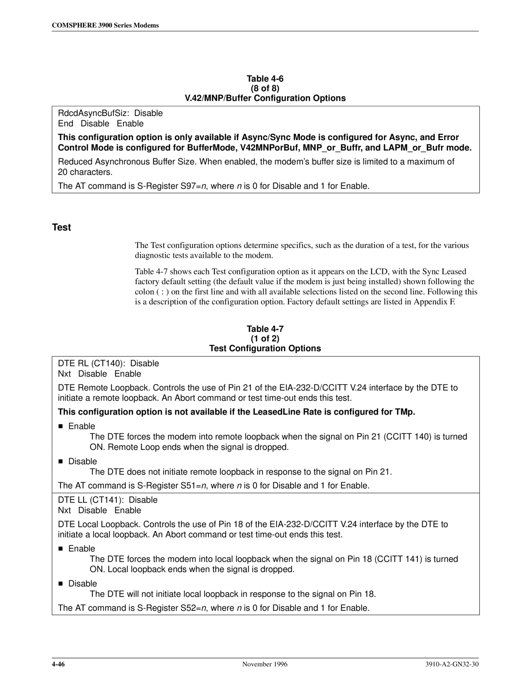 Paradyne 3910 operation manual RdcdAsyncBufSiz Disable End Disable Enable, Test Configuration Options 