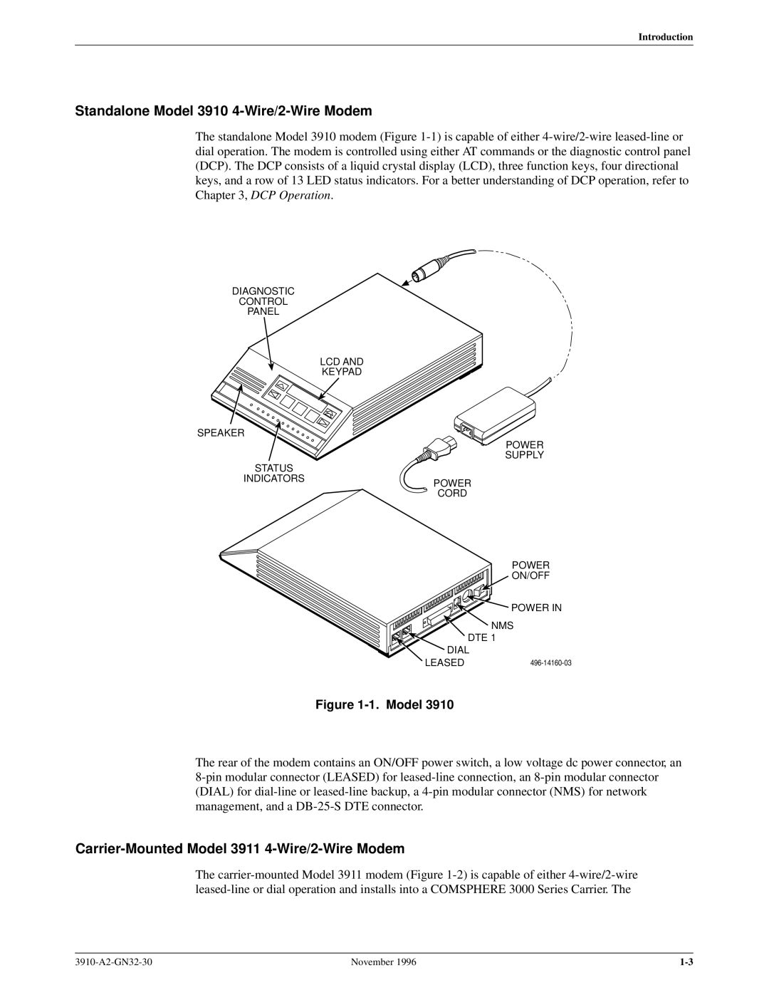 Paradyne operation manual Standalone Model 3910 4-Wire/2-Wire Modem, Carrier-Mounted Model 3911 4-Wire/2-Wire Modem 