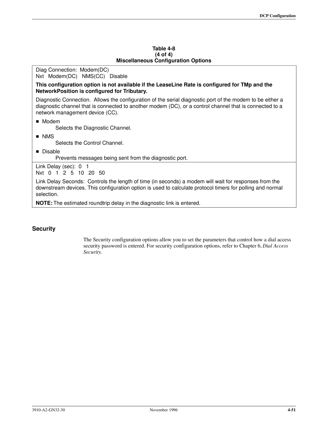 Paradyne 3910 operation manual Security, Diag Connection ModemDC Nxt ModemDC Nmscc Disable 