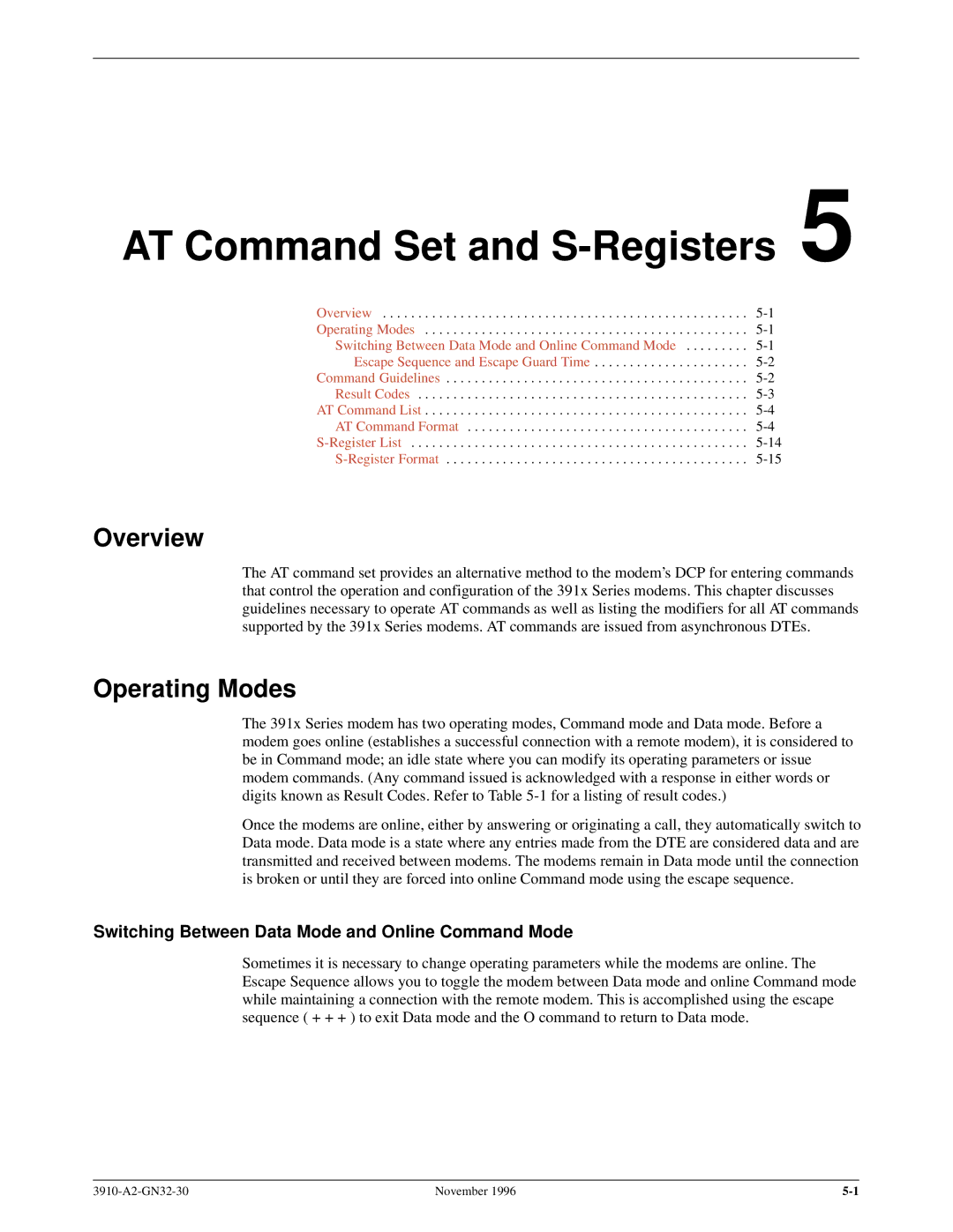 Paradyne 3910 AT Command Set and S-Registers, Operating Modes, Switching Between Data Mode and Online Command Mode 