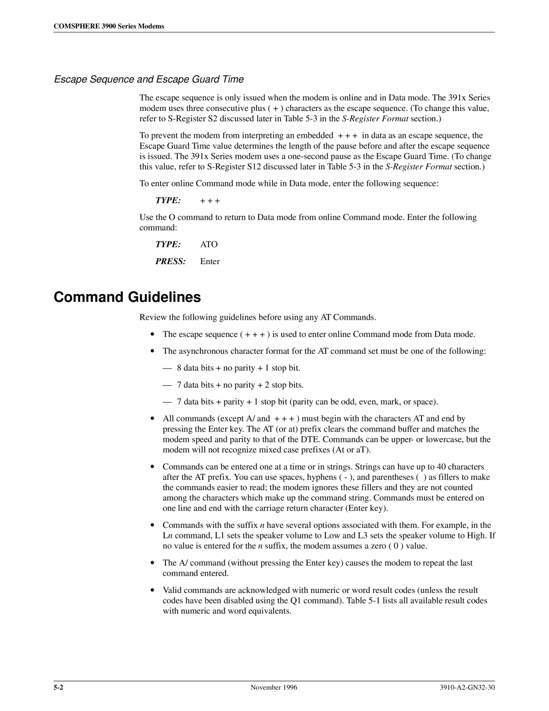 Paradyne 3910 operation manual Command Guidelines, Escape Sequence and Escape Guard Time 