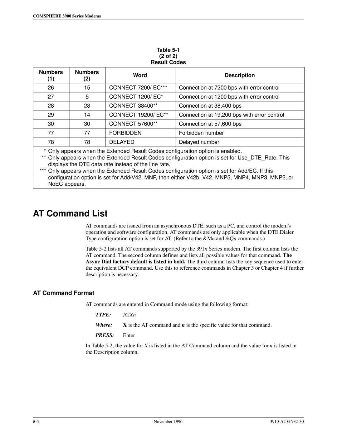 Paradyne 3910 operation manual AT Command List, AT Command Format, Result Codes Numbers Word Description 