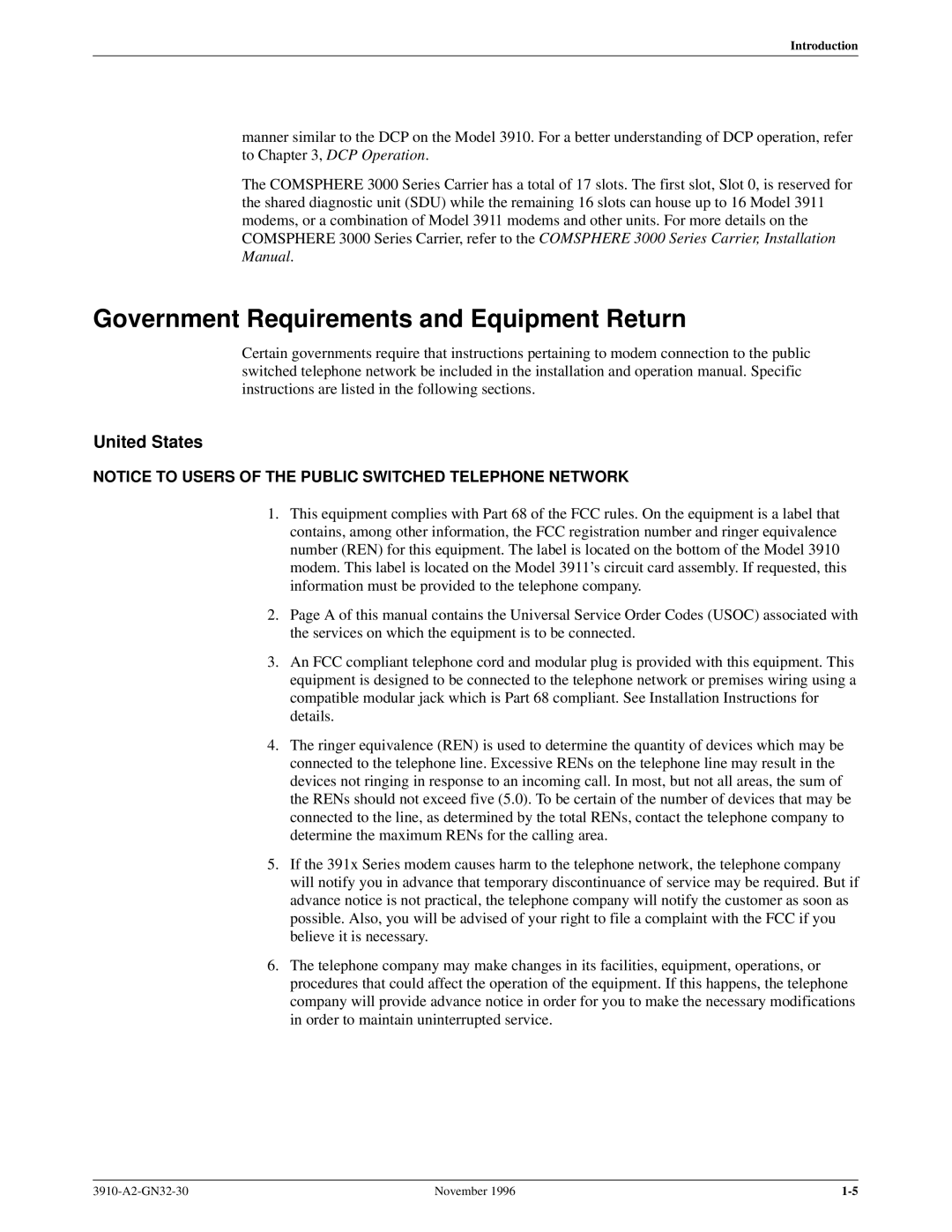 Paradyne 3910 operation manual Government Requirements and Equipment Return, United States 